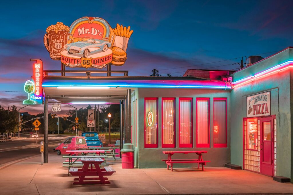 Mr. Dz diner in Kingman, Arizona at night with its neon lights shining bright 