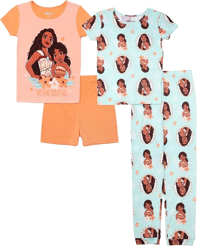 Disney Girls' 4-Piece Snug-fit Cotton Pajama Set, Soft & Cute for Kids