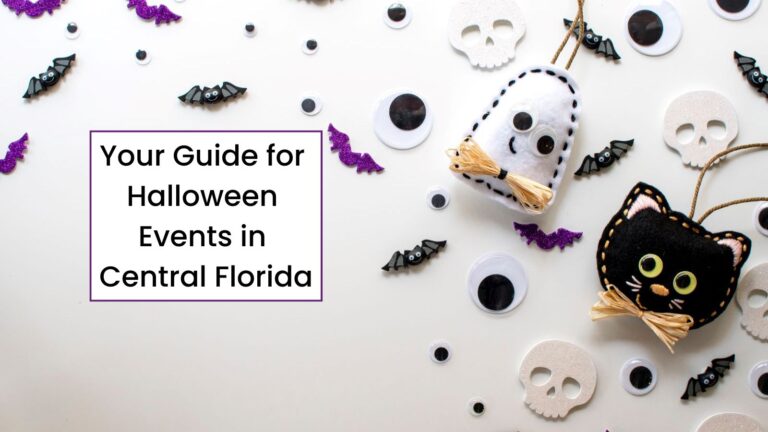 Title Card that reads "Your Guide for Halloween Events in Central Florida" with a ghost, cat, bats, eyes, and skulls with a ghost, cat, bats, eyes, and skulls