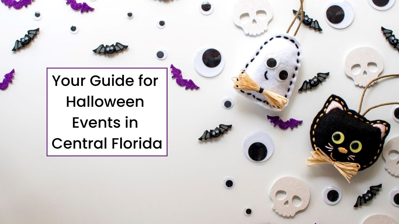 Title Card that reads "Your Guide for Halloween Events in Central Florida" with a ghost, cat, bats, eyes, and skulls with a ghost, cat, bats, eyes, and skulls